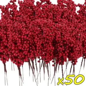 Decorate for the holidays with 50 branches of artificial red holly berries. Realistic foam stems perfect for Christmas trees, parties, and home decor x50