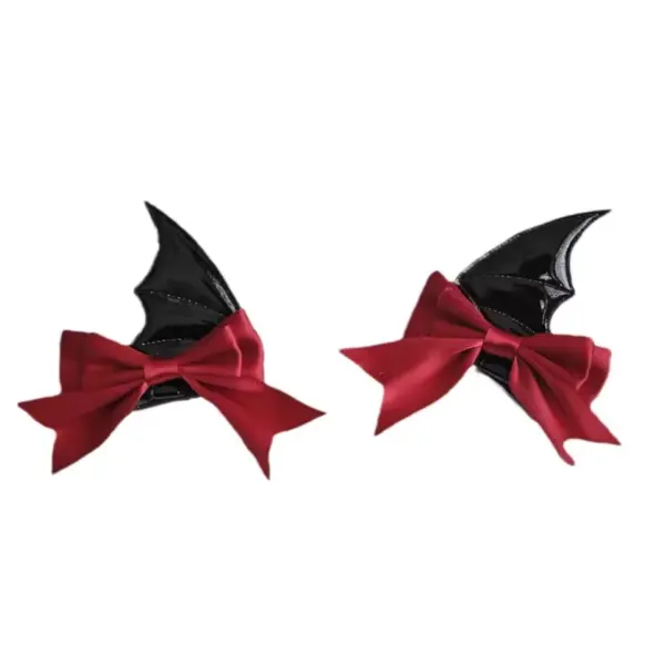 Devil Horn Bat Wing Hair Clips – Black & Red Bow Hairpins for Cute Halloween Cosplay & Gothic Styling black and red