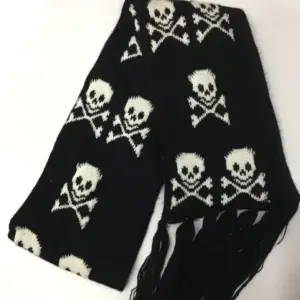 Gothic Skull Knitted Scarf Black & White Skeleton Winter Wrap with Tassels for Women & Men B