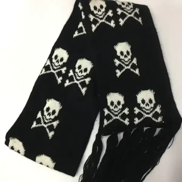 Gothic Skull Knitted Scarf Black & White Skeleton Winter Wrap with Tassels for Women & Men B