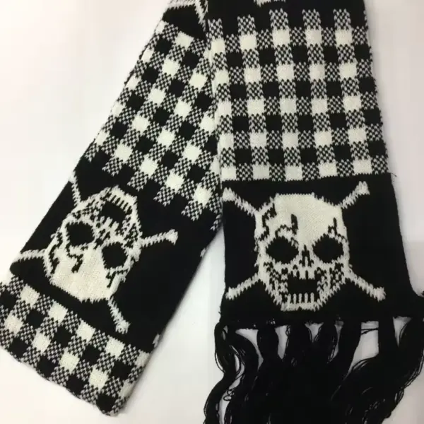 Gothic Skull Knitted Scarf Black & White Skeleton Winter Wrap with Tassels for Women & Men x