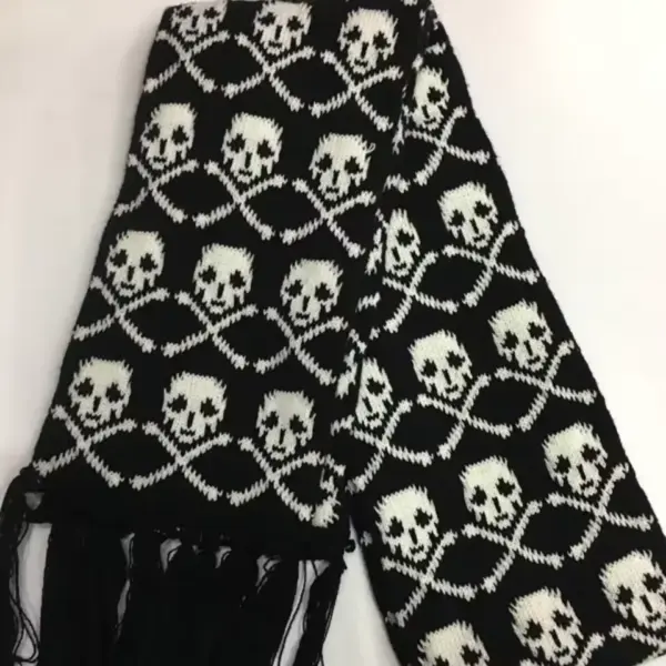 Gothic Skull Knitted Scarf – Black & White Skeleton Winter Wrap with Tassels for Women & Men A