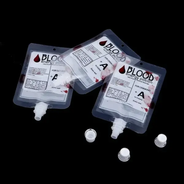 Halloween Blood Bag Drink Pouches 10Pc Reusable Food-Grade Vampire Blood Bags with Spouts for Party open