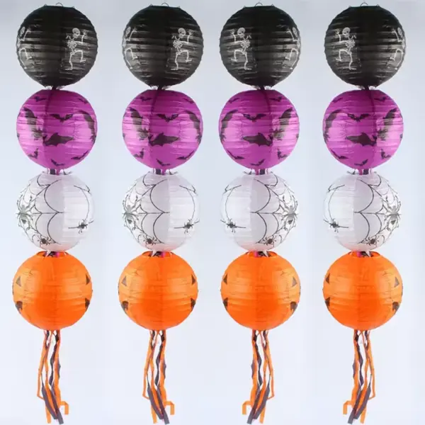 Halloween Paper Lanterns Pumpkin Bat Spider Skeleton in row