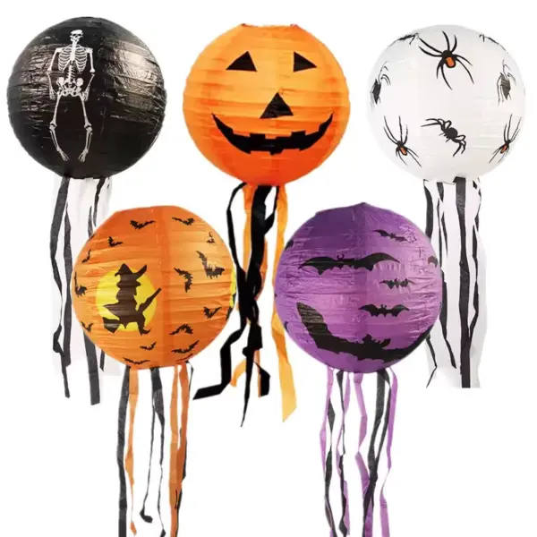 Halloween Paper Lanterns Pumpkin Bat Spider Skeleton white wall