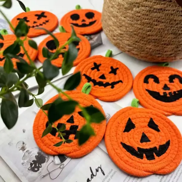 Halloween Pumpkin Coasters on table