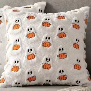 Halloween Pumpkin Pillow Covers – Soft Plush Faux-Wool Cushion Cases for Sofa & Couch D