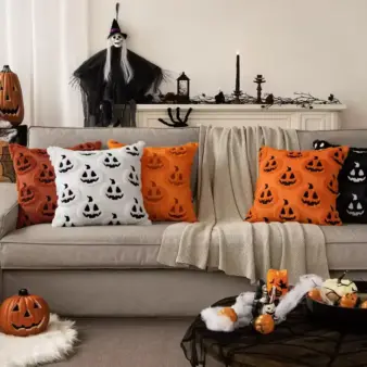 Halloween Pumpkin Pillow Covers – Soft Plush Faux-Wool Cushion Cases for Sofa & Couch in house