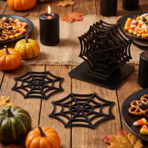 Halloween Spider Web Coasters on table