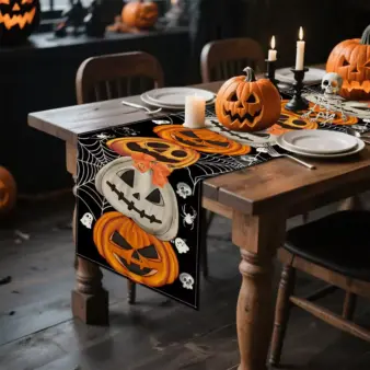Halloween Table Runner Bohemian Pumpkin Bat & Skull Print Cloth Runner