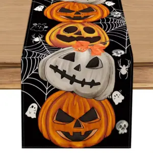 Halloween Table Runner Bohemian Pumpkin Bat & Skull Print Cloth Runner for Party close up