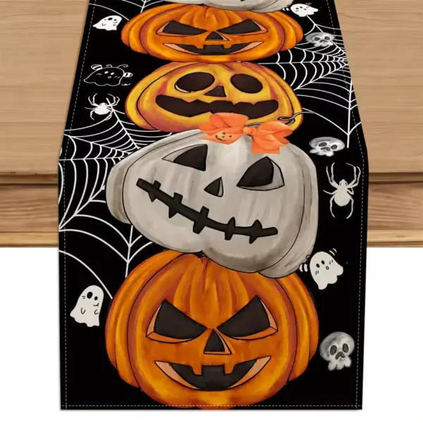 Halloween Table Runner Bohemian Pumpkin Bat & Skull Print Cloth Runner for Party close up