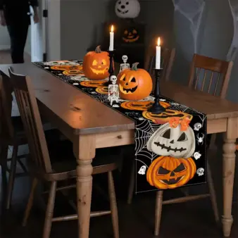 Halloween Table Runner – Bohemian Pumpkin Bat & Skull Print Cloth Runner for Party on table