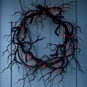 Halloween Wreath with LED Lights 42cm Simulation Black Branch Twig Wreath for Door and Wall 1pce