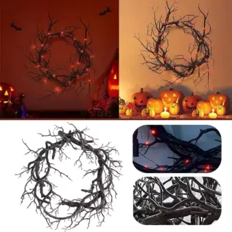 Halloween Wreath with LED Lights 42cm Simulation Black Branch Twig Wreath for Door and Wall multicolour