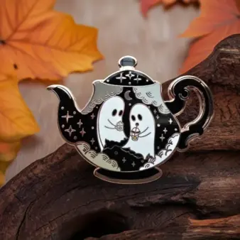 Haunted Teapot Enamel Pin – Cute Ghost Hard-Enamel Lapel Pin for Jackets, Bags