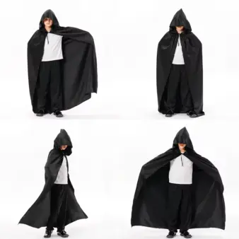 Hooded Cape Cloak Long Black Unisex Robe for Witch Wizard & Vampire Costumes feature