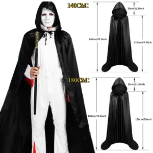 Hooded Cape Cloak Long Black Unisex Robe for Witch Wizard & Vampire Costumes size
