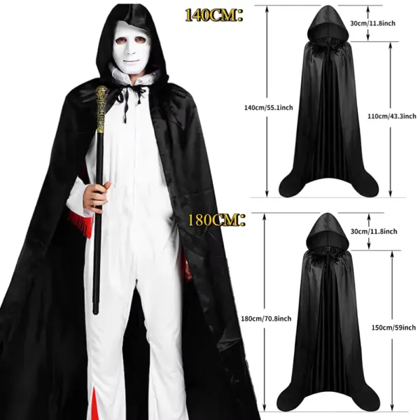 Hooded Cape Cloak Long Black Unisex Robe for Witch Wizard & Vampire Costumes size