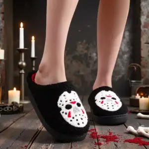 Horror Mask Plush Slippers – Embroidered Skull Non-Slip Cozy House Shoes for Men & Women black