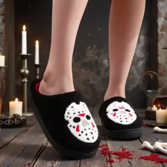 Horror Mask Plush Slippers – Embroidered Skull Non-Slip Cozy House Shoes for Men & Women black