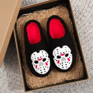 Horror Mask Plush Slippers – Embroidered Skull Non-Slip Cozy House Shoes for Men & Women box