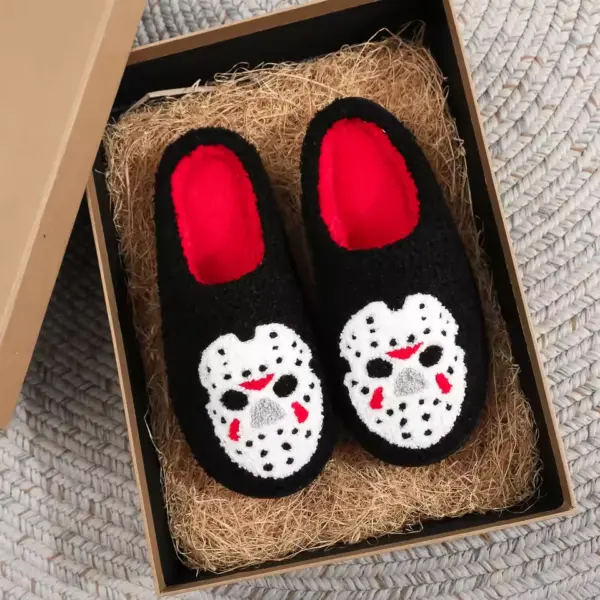 Horror Mask Plush Slippers – Embroidered Skull Non-Slip Cozy House Shoes for Men & Women box