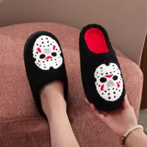 Horror Mask Plush Slippers – Embroidered Skull Non-Slip Cozy House Shoes for Men & Women close up