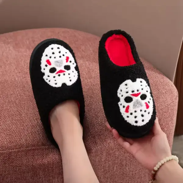 Horror Mask Plush Slippers – Embroidered Skull Non-Slip Cozy House Shoes for Men & Women close up