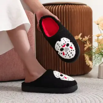 Horror Mask Plush Slippers – Embroidered Skull Non-Slip Cozy House Shoes for Men & Women looks