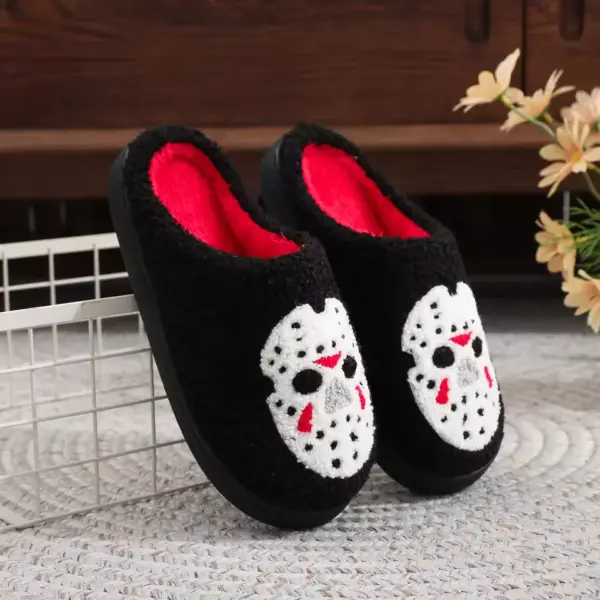 Horror Mask Plush Slippers – Embroidered Skull Non-Slip Cozy House Shoes for Men & Women outdoor