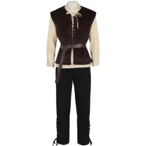 Men's Medieval Costume Set 4 Piece Renaissance Outfit with Lace Up Shirt Vest Ankle Banded Pants & Viking Belt