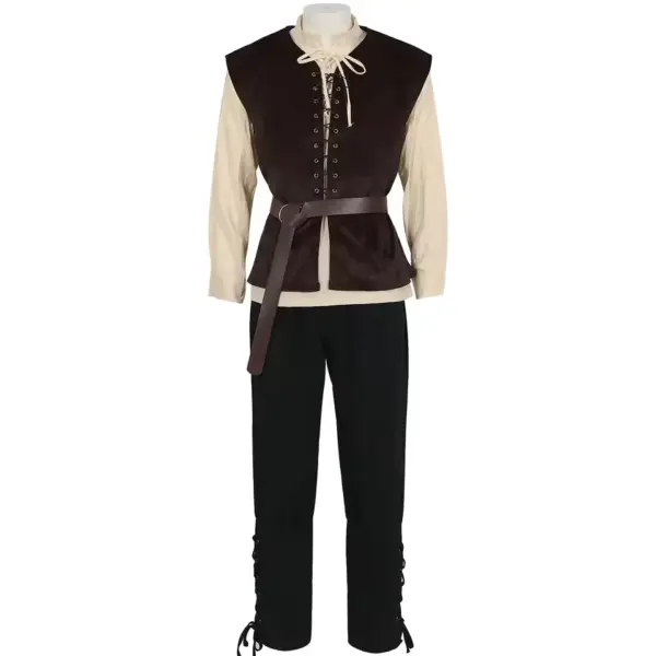 Men's Medieval Costume Set 4 Piece Renaissance Outfit with Lace Up Shirt Vest Ankle Banded Pants & Viking Belt