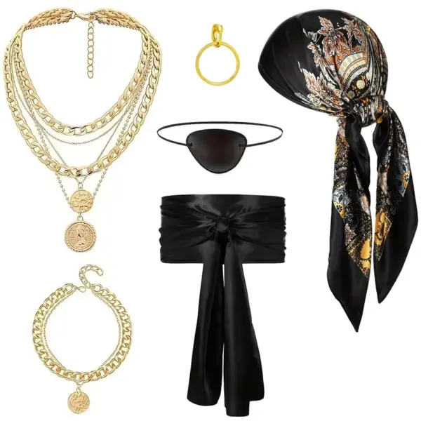 Pirate Costume Accessory Se Bandana Eye Patch, Sash & Necklace Kit for Halloween & Carnival black