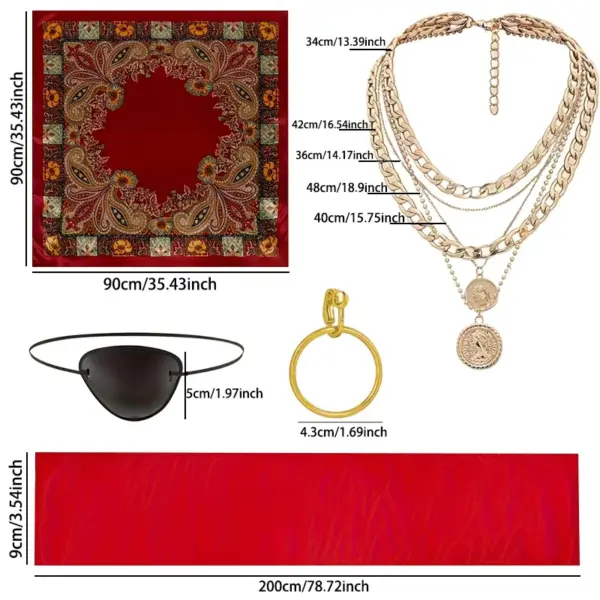 Pirate Costume Accessory Se Bandana Eye Patch, Sash & Necklace Kit for Halloween & Carnival size