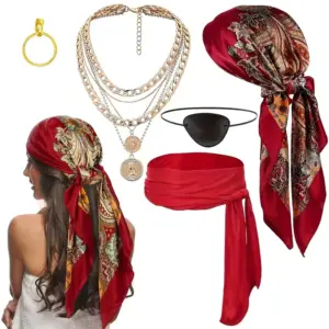 Pirate Costume Accessory Set Bandana Eye Patch, Sash & Necklace Kit for Halloween & Carnival Set A