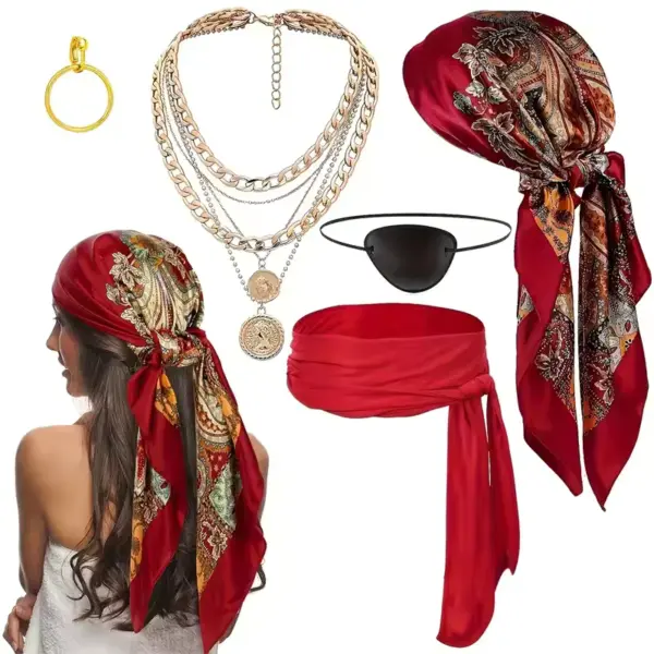 Pirate Costume Accessory Set Bandana Eye Patch, Sash & Necklace Kit for Halloween & Carnival Set A