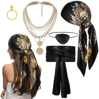 Pirate Costume Accessory Set Bandana Eye Patch, Sash & Necklace Kit for Halloween & Carnival set B