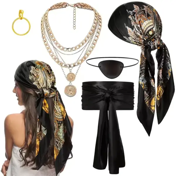 Pirate Costume Accessory Set Bandana Eye Patch, Sash & Necklace Kit for Halloween & Carnival set B
