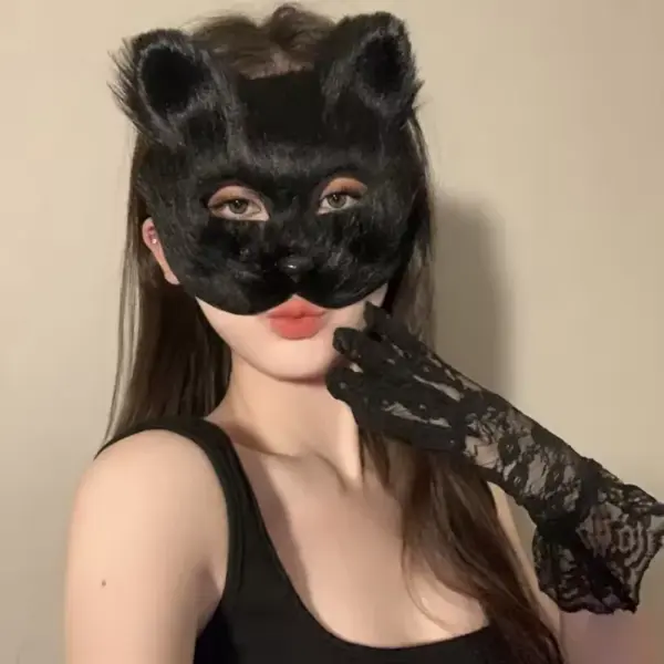 Plush Therian Mask Faux Fur Cat and Fox Half Face Mask black
