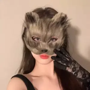 Plush Therian Mask Faux Fur Cat and Fox Half Face Mask brown