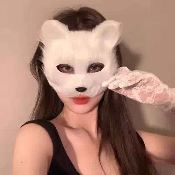 Plush Therian Mask Faux Fur Cat and Fox Half Face Mask white