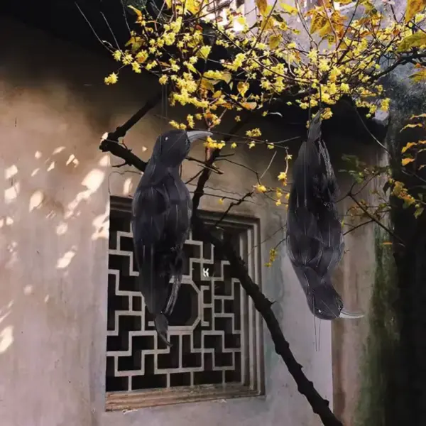 Realistic Black Crow Halloween Prop Feathered Hanging Raven Ornament for Outdoor Yard, Garden & Haunted House Decor on tree