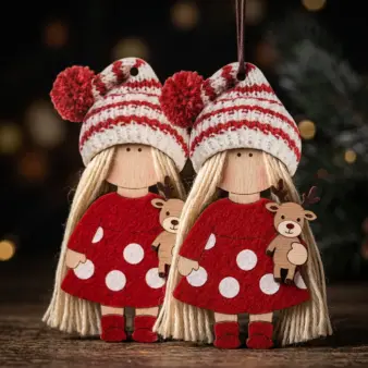 Set of 12 18 Flat 2D Character Wooden Christmas Doll Figurines closeup