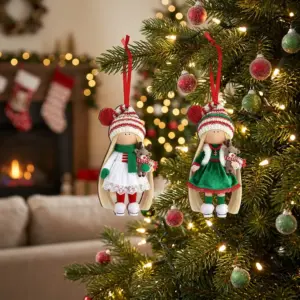 Set of 1218 Flat 2D Character Wooden Christmas Doll Figurines on tree