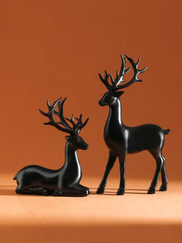 Set of 2 Rustic Deer Statues for Indoor Table Décor black