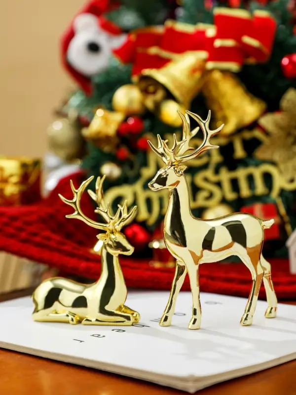 Set of 2 Rustic Deer Statues for Indoor Table Décor gold A