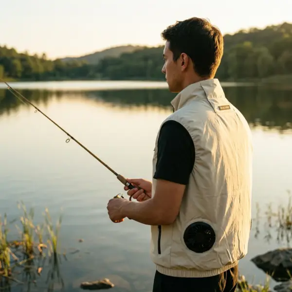 Summer Cooling Fan Vest for High-Temperature Work, Fishing & Outdoor Activitie khaki-lifestyle-fishing