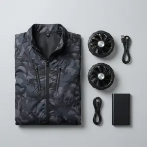 Summer Cooling Fan Vest for High-Temperature Work, Fishing & Outdoor Activitie kit flatlay