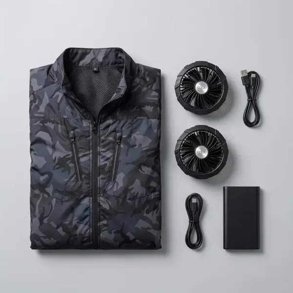 Summer Cooling Fan Vest for High-Temperature Work, Fishing & Outdoor Activitie kit flatlay